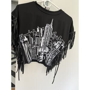 Goth Womens T Shirt Fringe Top L Graphic Whimsygoth Witchy Boho Festival